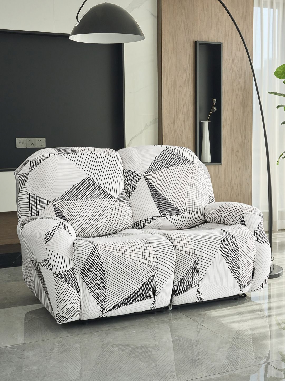 HOKIPO Snow White Black Geometry Polyester 140Gsm Stretchable Recliner Cover 2 Seater