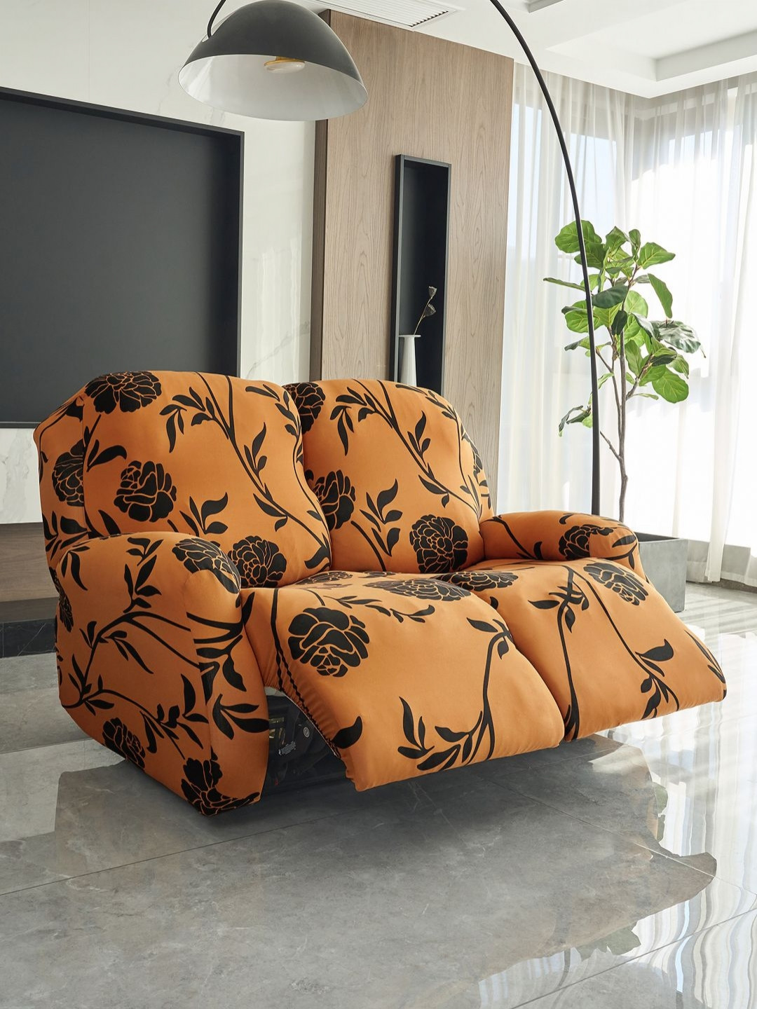 HOKIPO Brown & Black 2 Seater Floral Printed Stretchable Recliner Sofa Cover With Arms