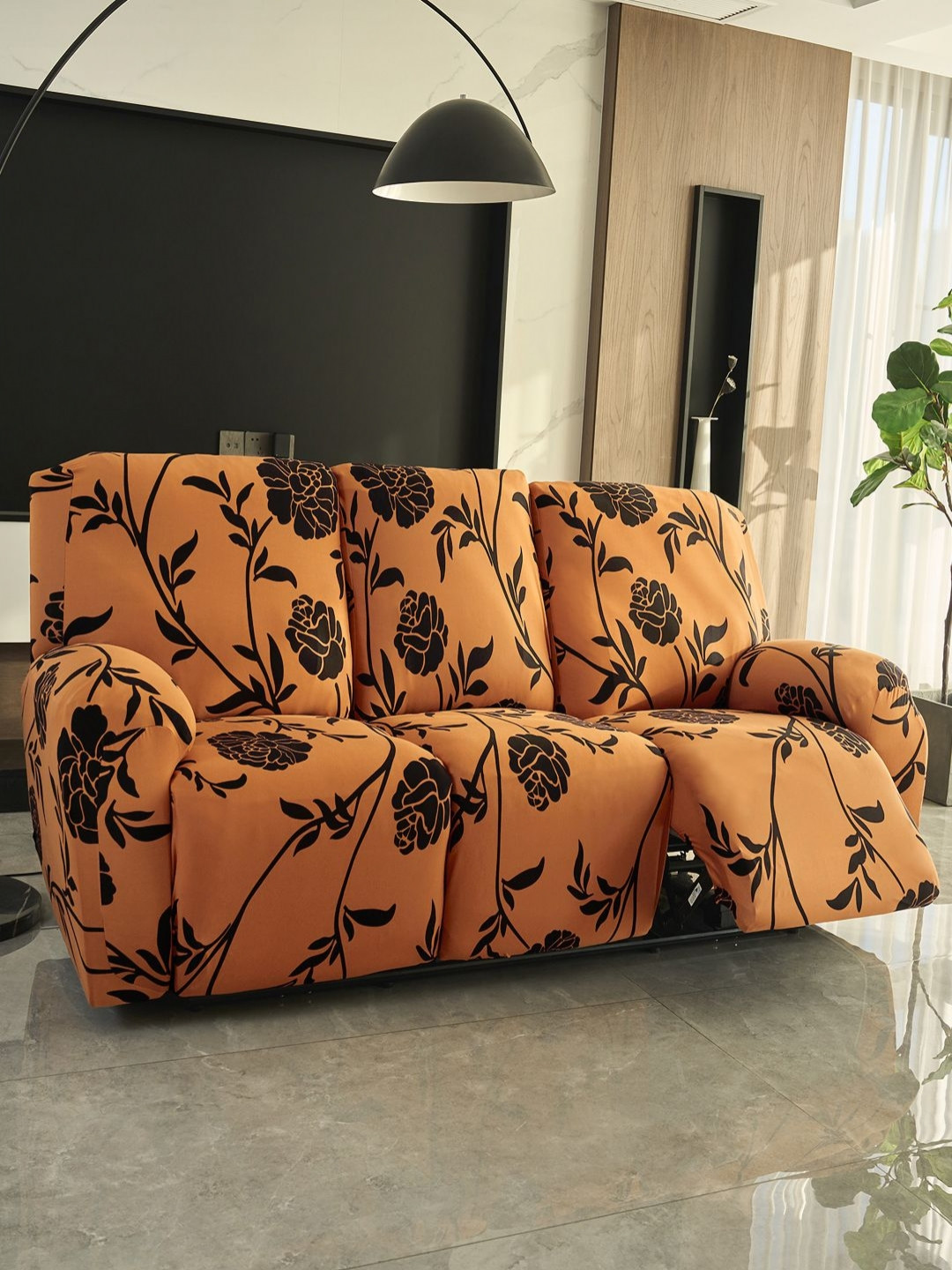 HOKIPO Brown & Black 3 Seater Printed Stretchable Recliner Sofa Covers with Arms