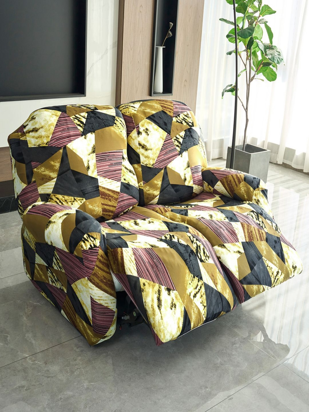 HOKIPO Burgundy & Olive Green Printed 2-Seater Stretchable Recliner Sofa Cover with Arms