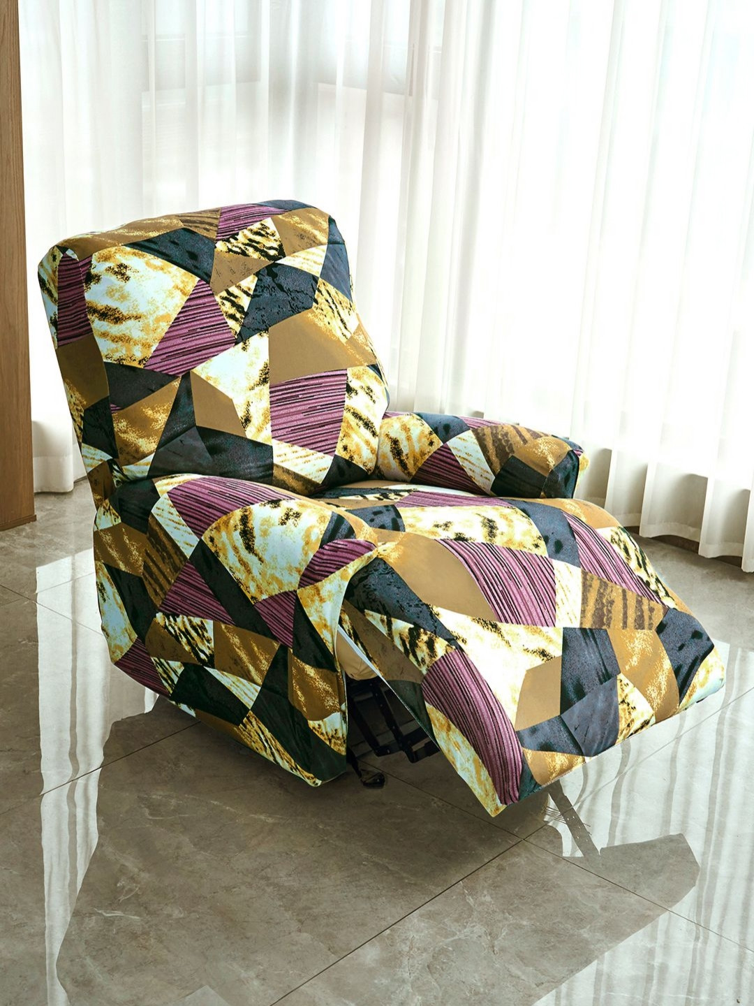 HOKIPO Burgundy & Olive Green 1 Seater Printed Stretchable Recliner Sofa Cover With Arms