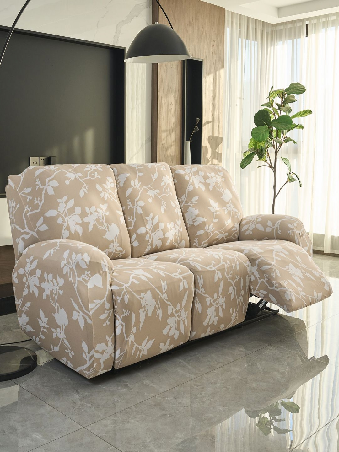 HOKIPO Brown & White Printed Recliner 3-Seater Sofa Cover With Arms