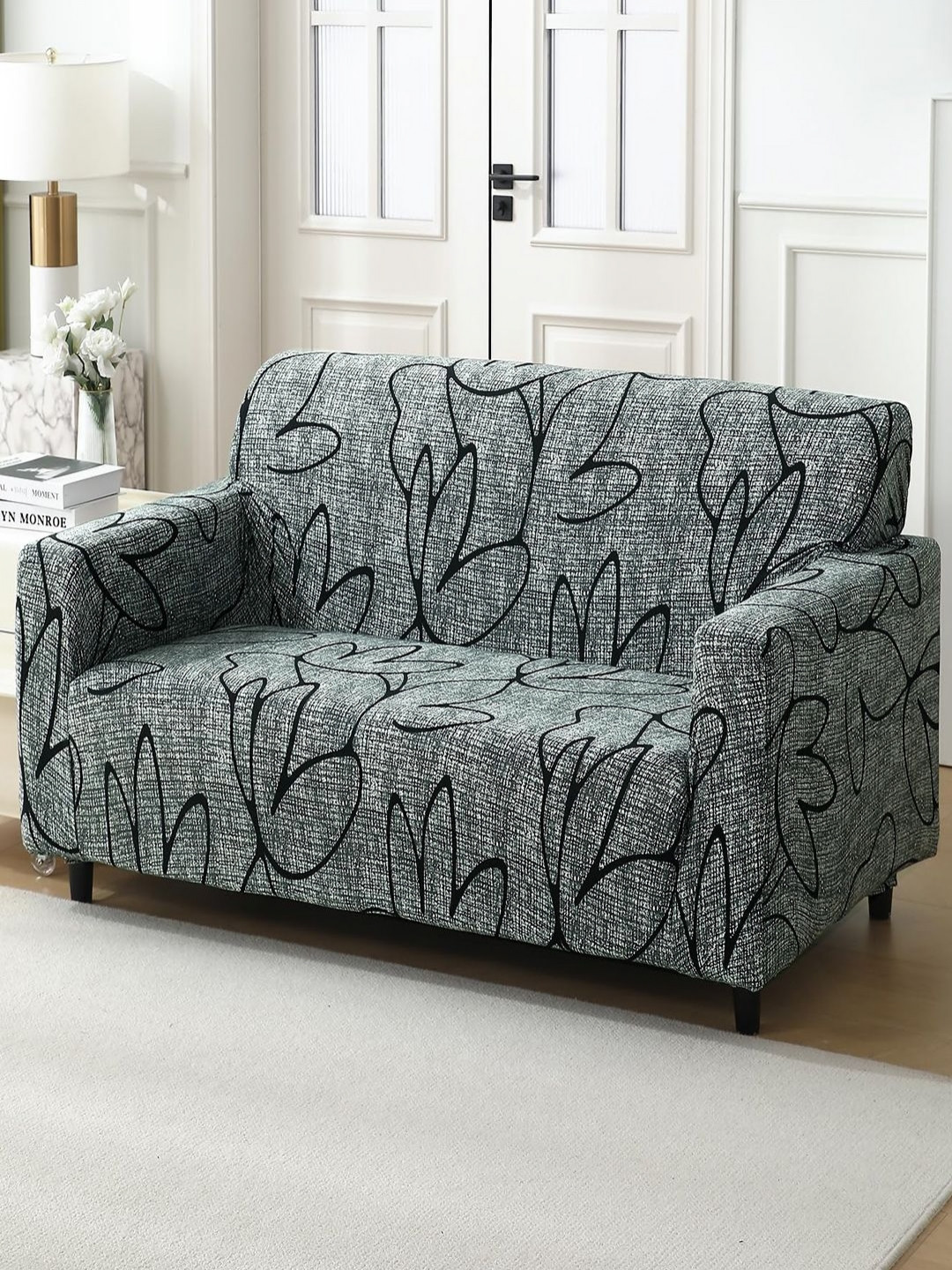 HOKIPO Grey Stretchable floral Polyester 2PC Straight 2 Seater Printed 140 GSM Sofa Cover