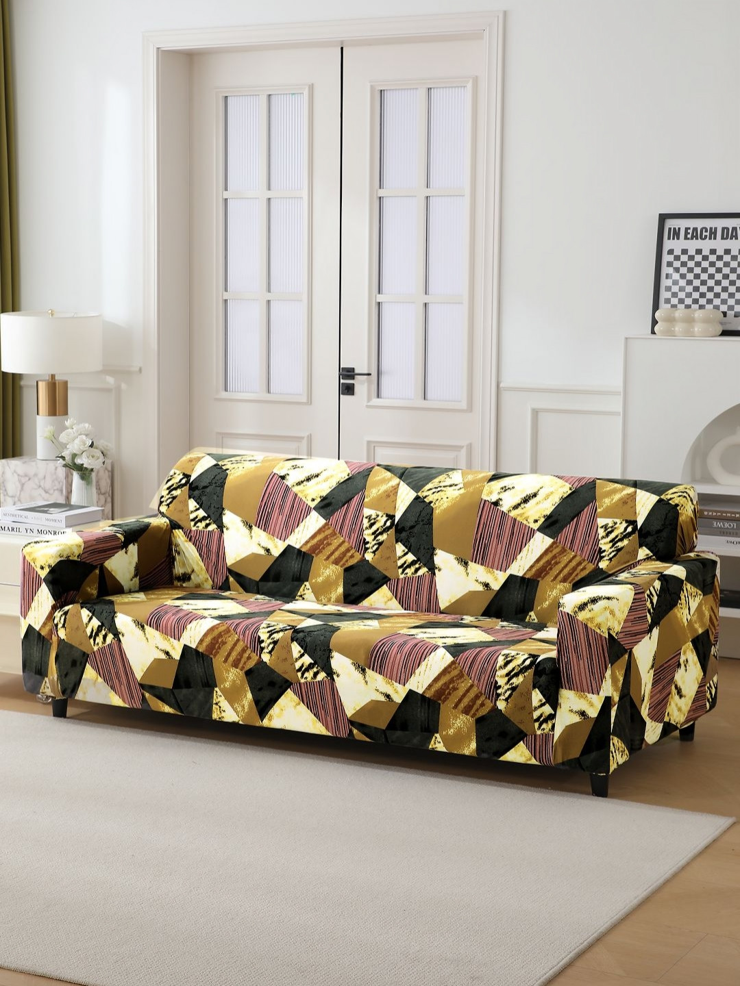 HOKIPO Purple & Olive Green Printed 4 Seater Sofa Cover With Arms