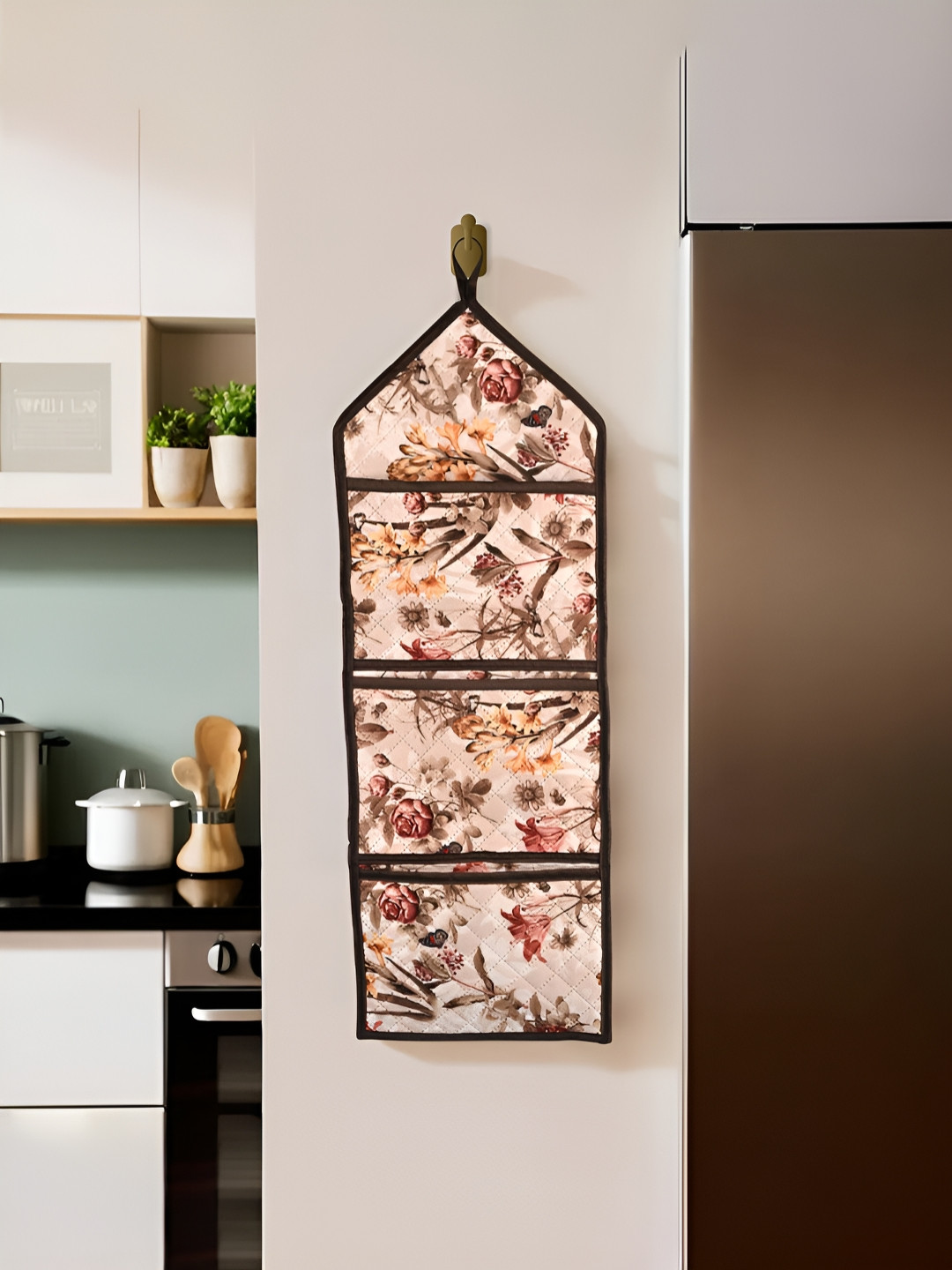 Kuber Industries Cream & Brown Printed Velvet Magazine Organiser