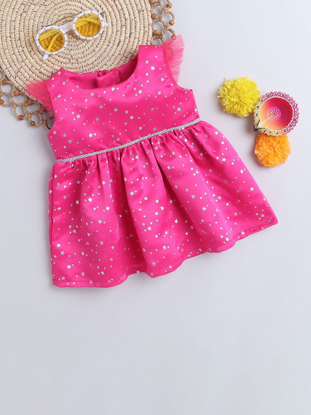 MANY FROCKS & Girls Conversational Print Satin Fit & Flare Dress