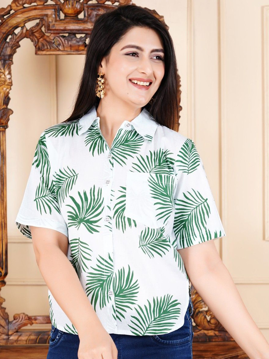 MANOJAVA Women Tropical Printed Shirt Collar Shirt Style Top