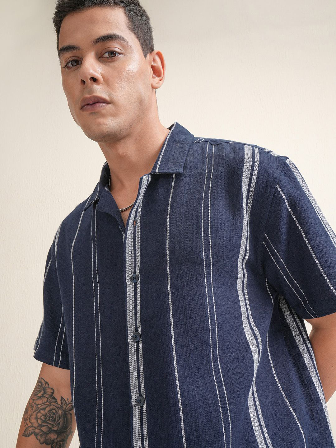 LOCOMOTIVE Luxe Men Dobby Textured Cuban Collar Relaxed Shirt