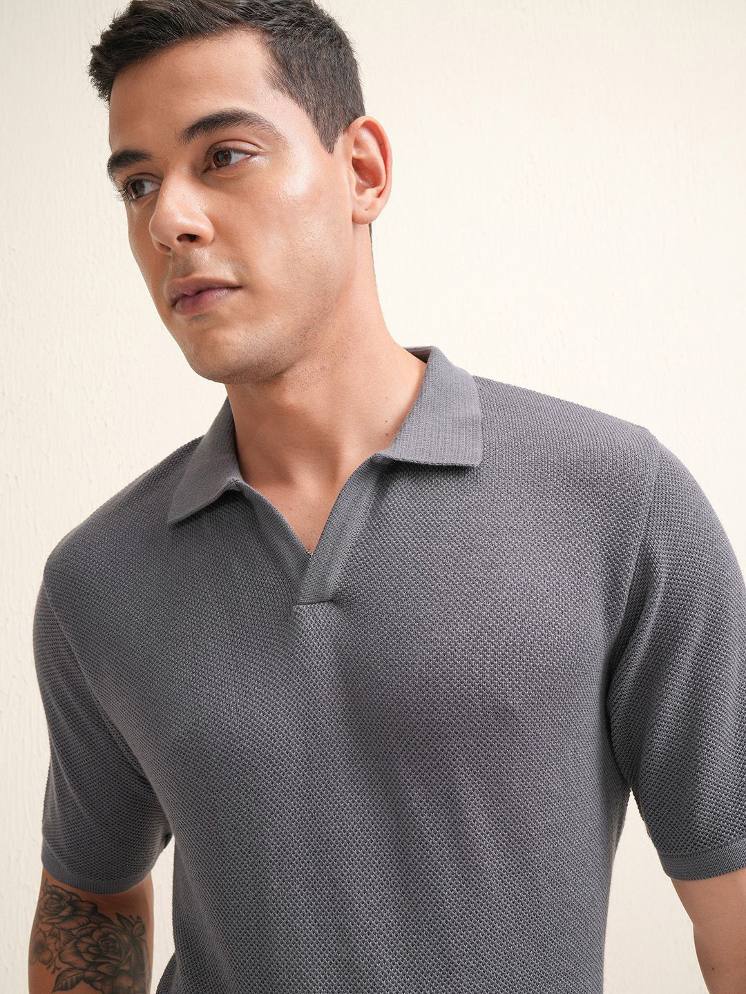 LOCOMOTIVE Premium Relaxed Fit Polo Neck Textured Tshirt