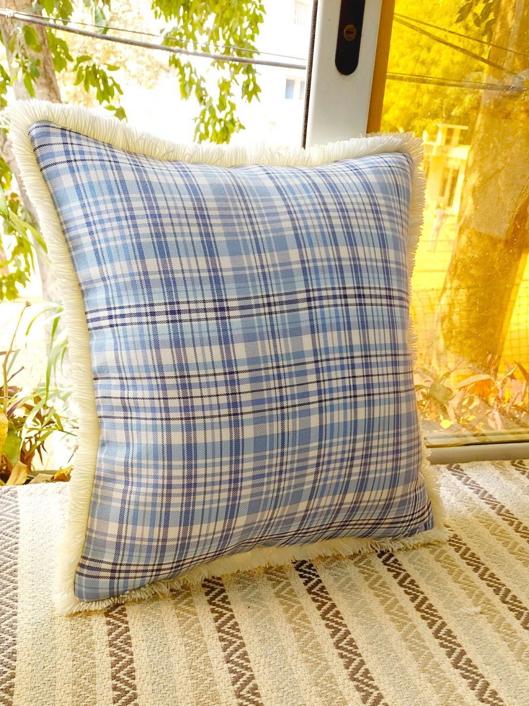 THROWPILLOW Blue Checked Leather Washable Square Cushion Cover - 17.9 x 17.9 Inches