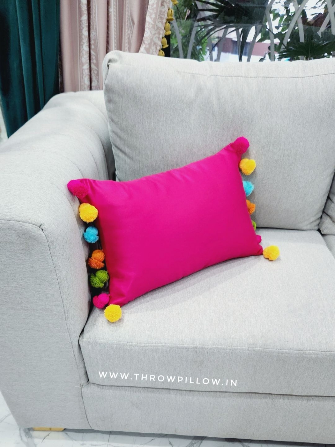 THROWPILLOW Pink & Green Tasselled Rectangle Cushion Cover