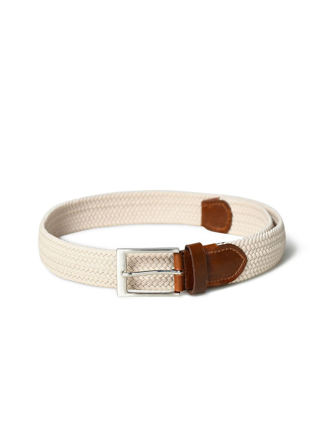 MaheTri Men Cream & Brown Braided Canvas Leather Belt