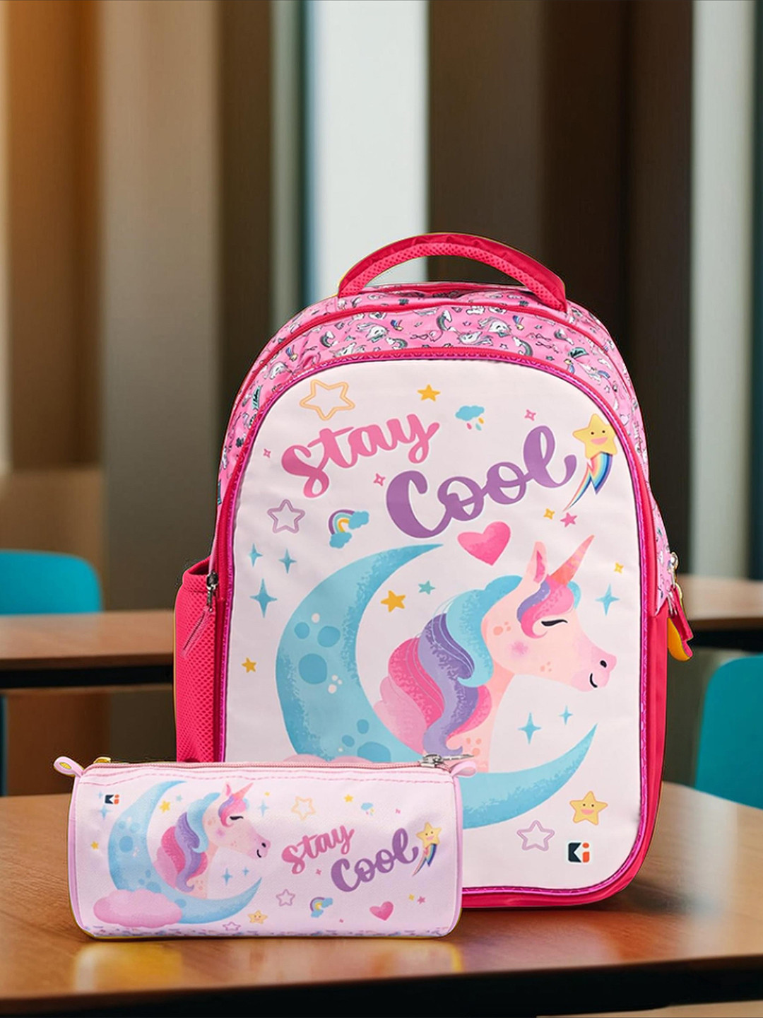 Kuber Industries Unisex Disney unicorn pink school bag pencil box Set 2 Graphic Backpacks