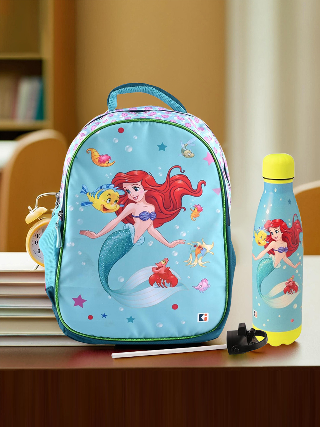 Kuber Industries Set of 2 Disney Mermaid Perfect schoolbag & insulated Water Bottle
