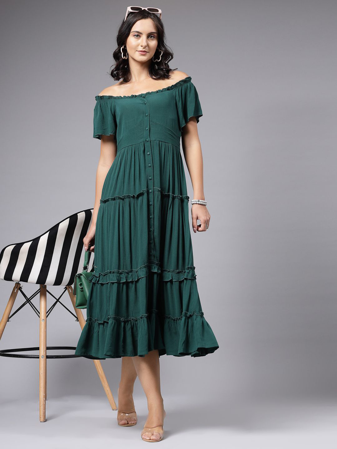 aayu Off-Shoulder Layered A-Line Midi Dress