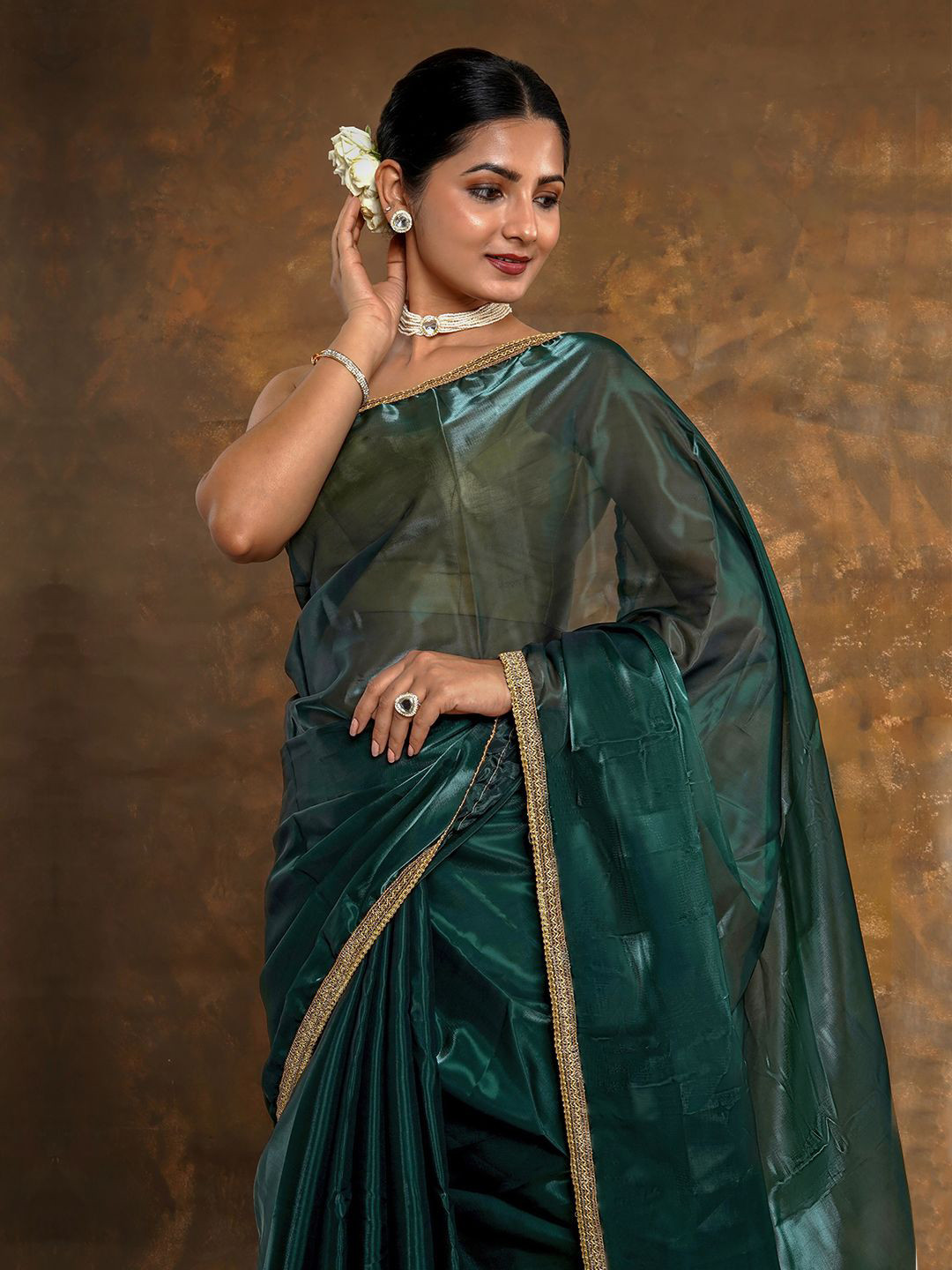 TEEJH Zari work Thin Border Solid Saree