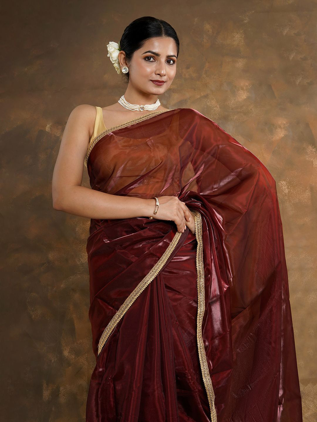 TEEJH Zari work Thin Border Solid Saree