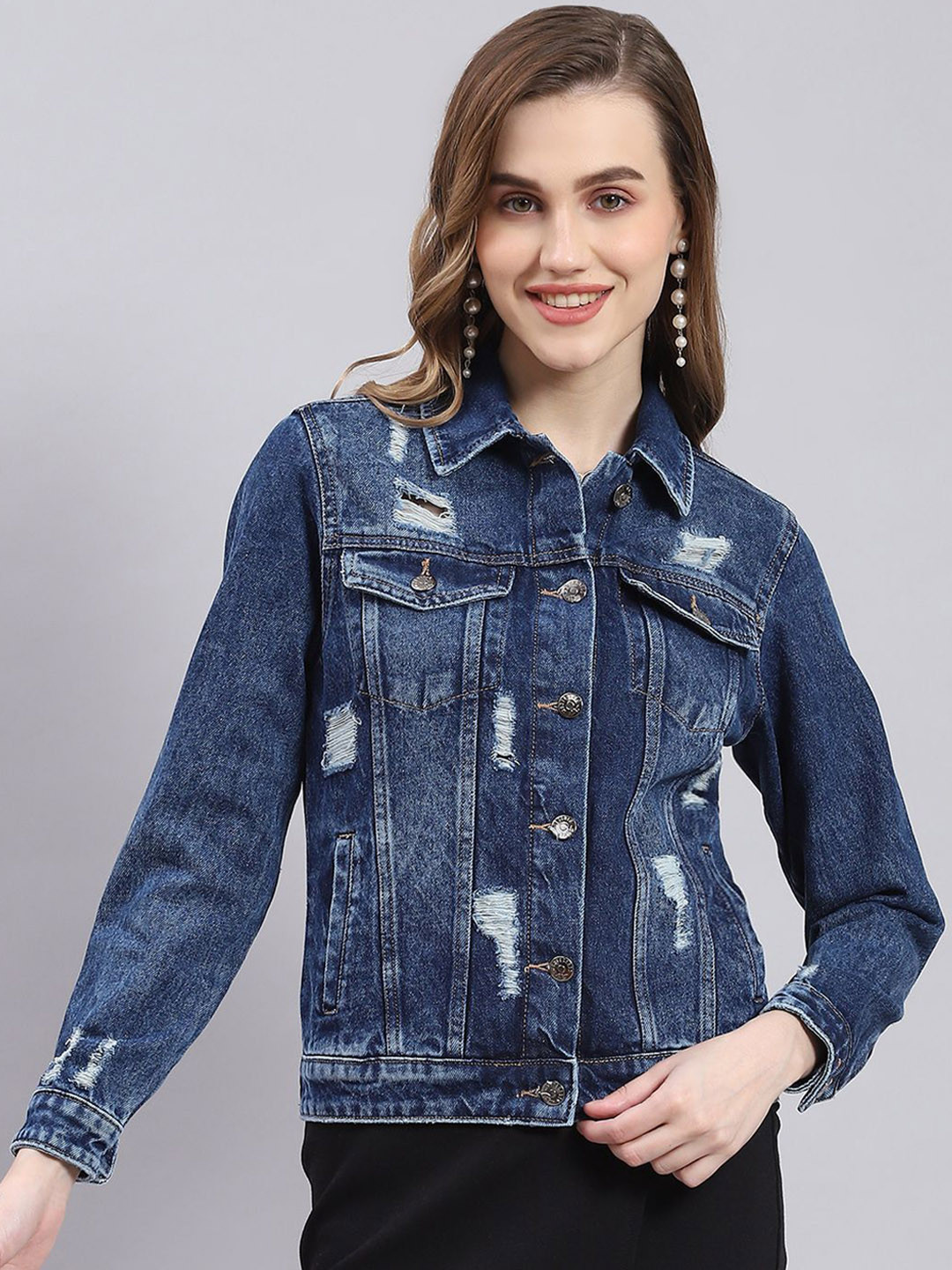 Monte Carlo Women Washed Crop Denim Jacket Embroidered