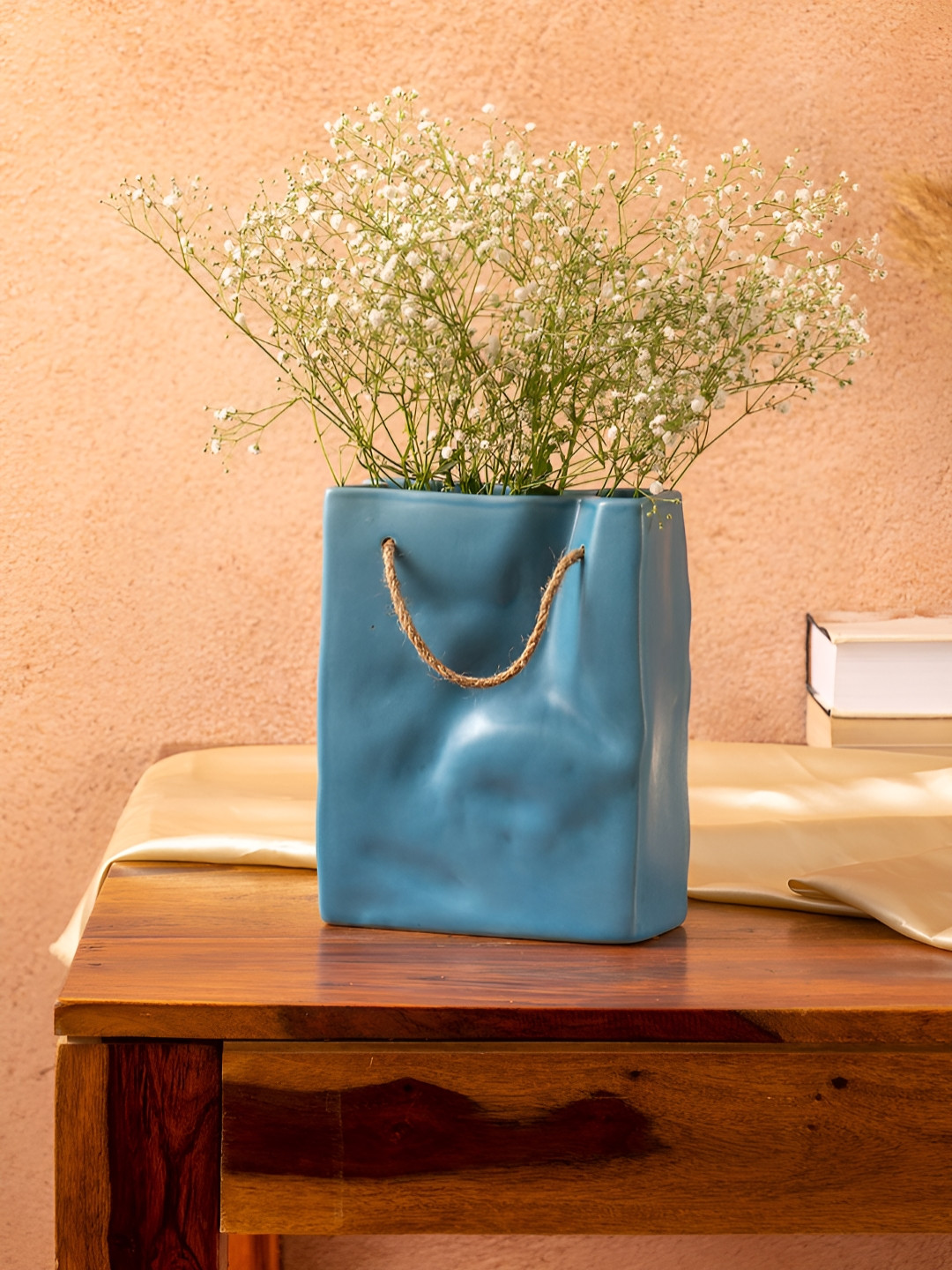 Glimpse Homes Korean Blue Crinkled Paper Bag Ceramic Vase