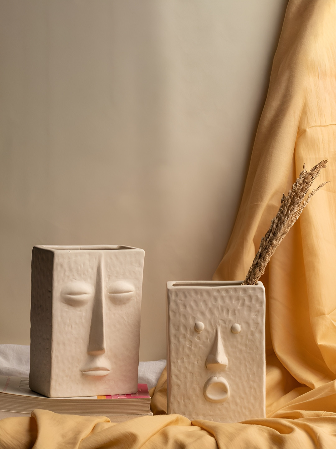 Glimpse Homes 2 Pcs Off-White Ceramic Rectangle Face Vases