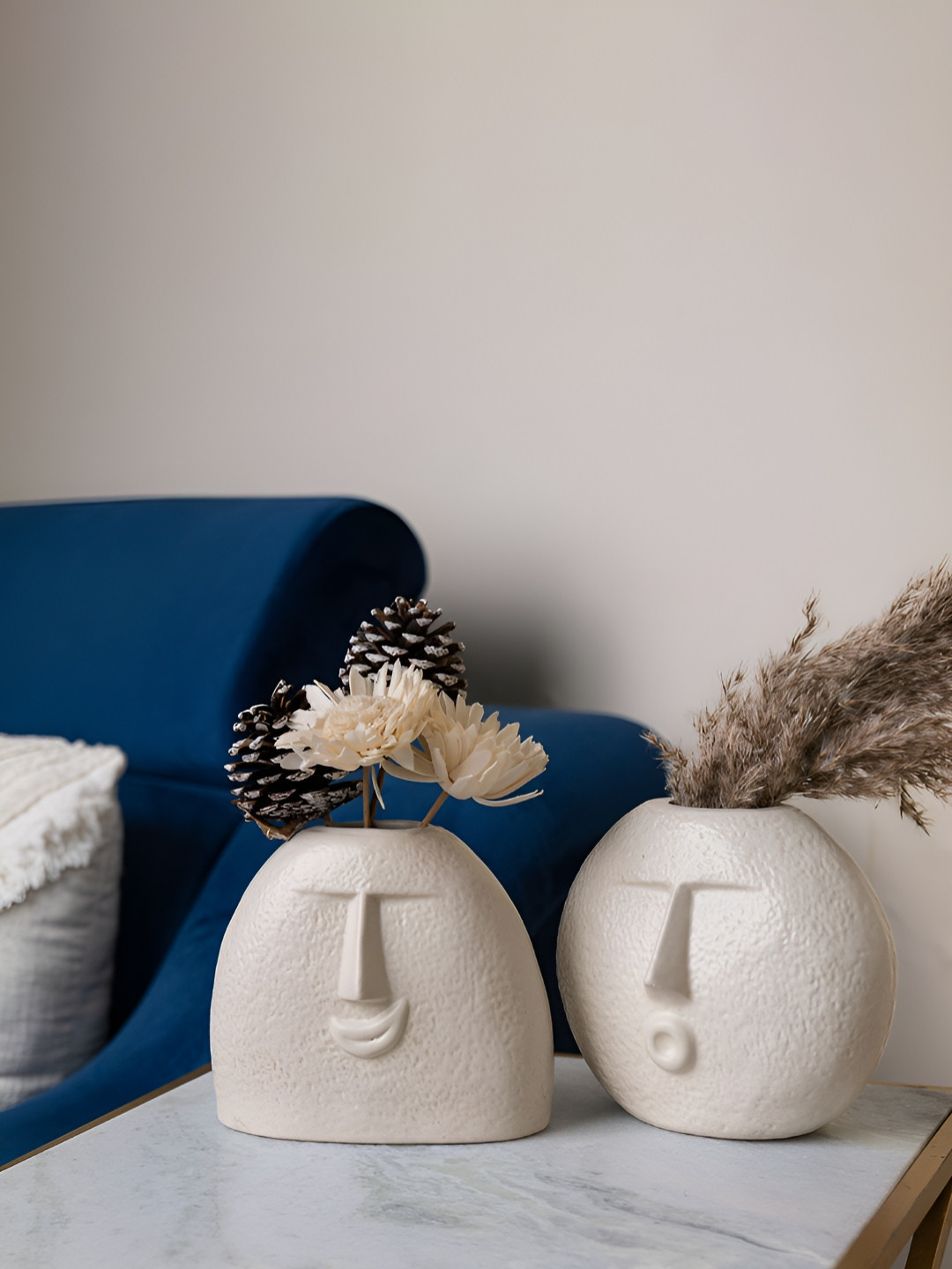 Glimpse Homes 2 Pcs Off-White Ceramic Oval Face Vases