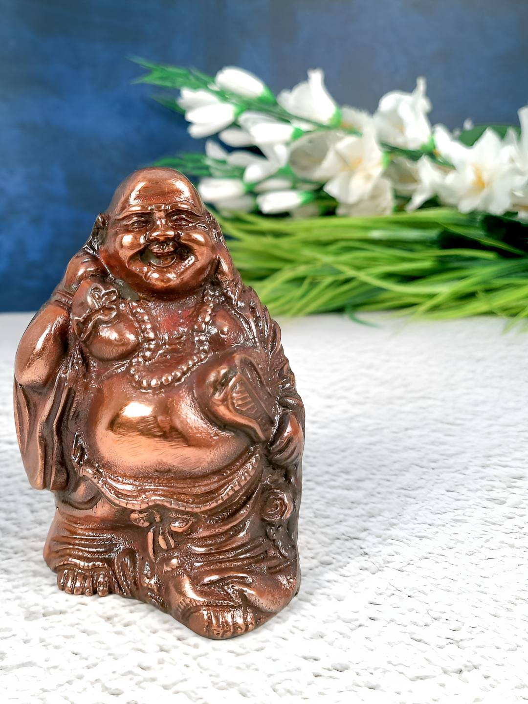 apka mart Laughing Buddha with Money Bag Copper Metal Living Room Small Showpiece - 4.7 Inches
