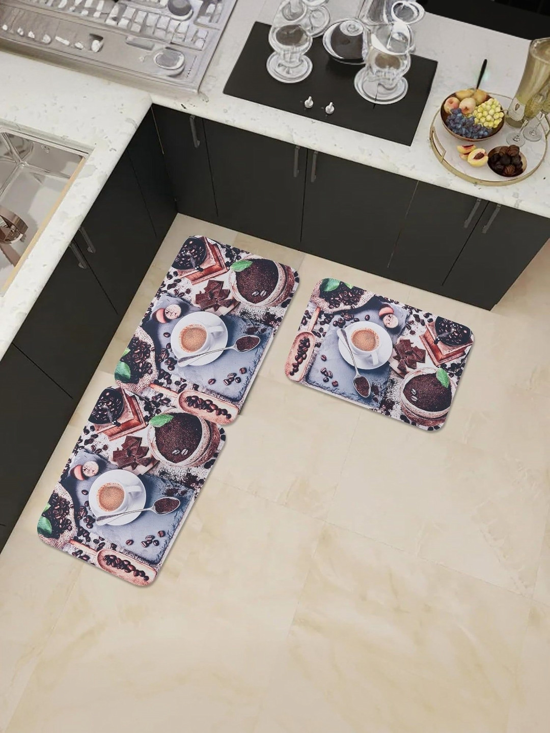 Kuber Industries Coffee Brown 3 Pieces Printed 240 GSM Water Absorbent Kitchen Floor Mat