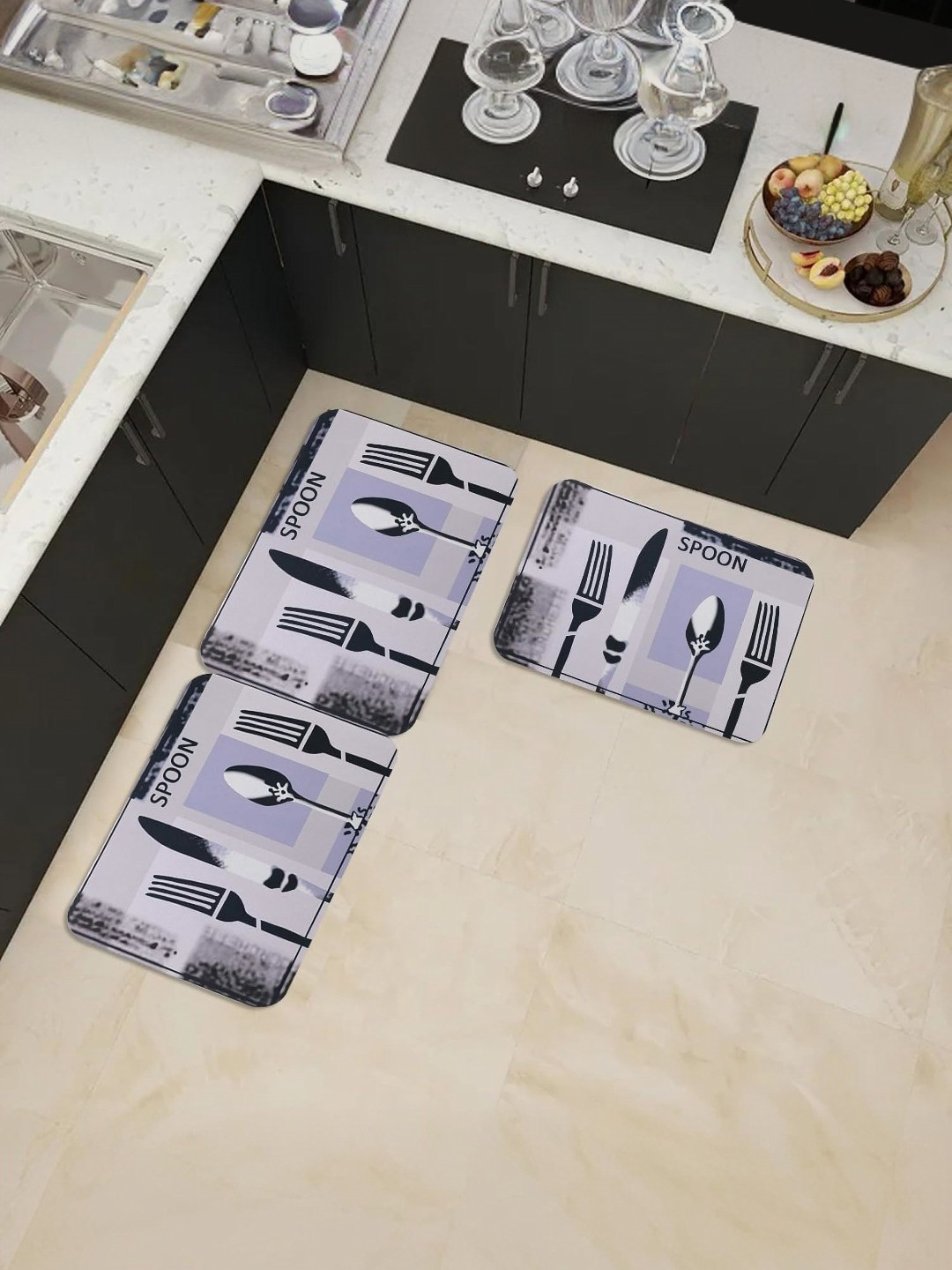 Kuber Industries Grey 3 Pieces Printed 240 GSM Non-Slip Bath Rugs