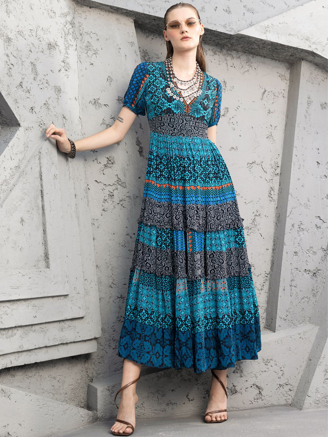 Bhanuni Print V-Neck Fit and Flare Midi Dress