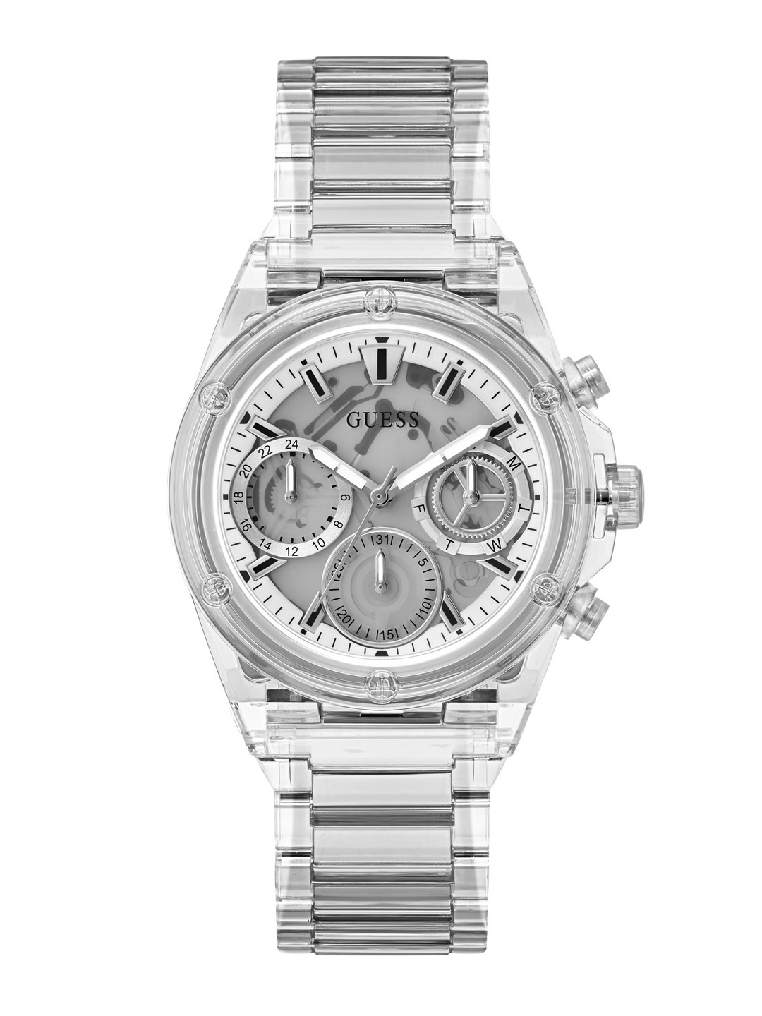 GUESS Women Sport Athena Skeleton Bracelet Style Analogue Multi Function Watch GW0650L1