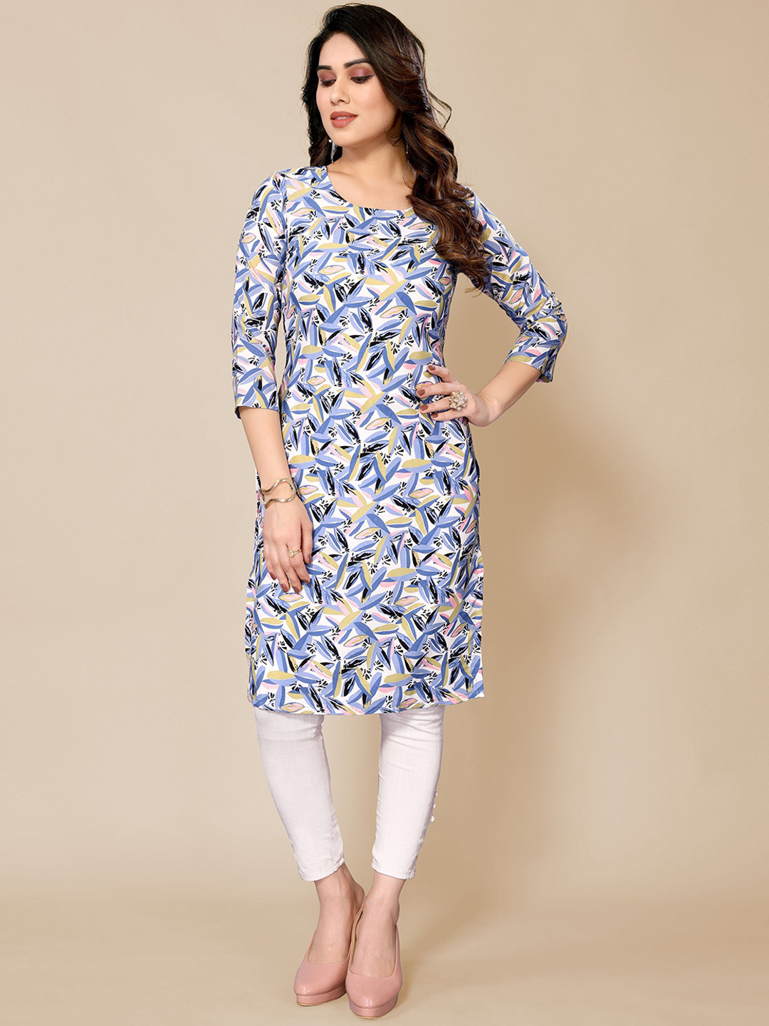 Jimmy Paris AbstractPrinted Round Neck Three-Quarter Sleeves Kurta