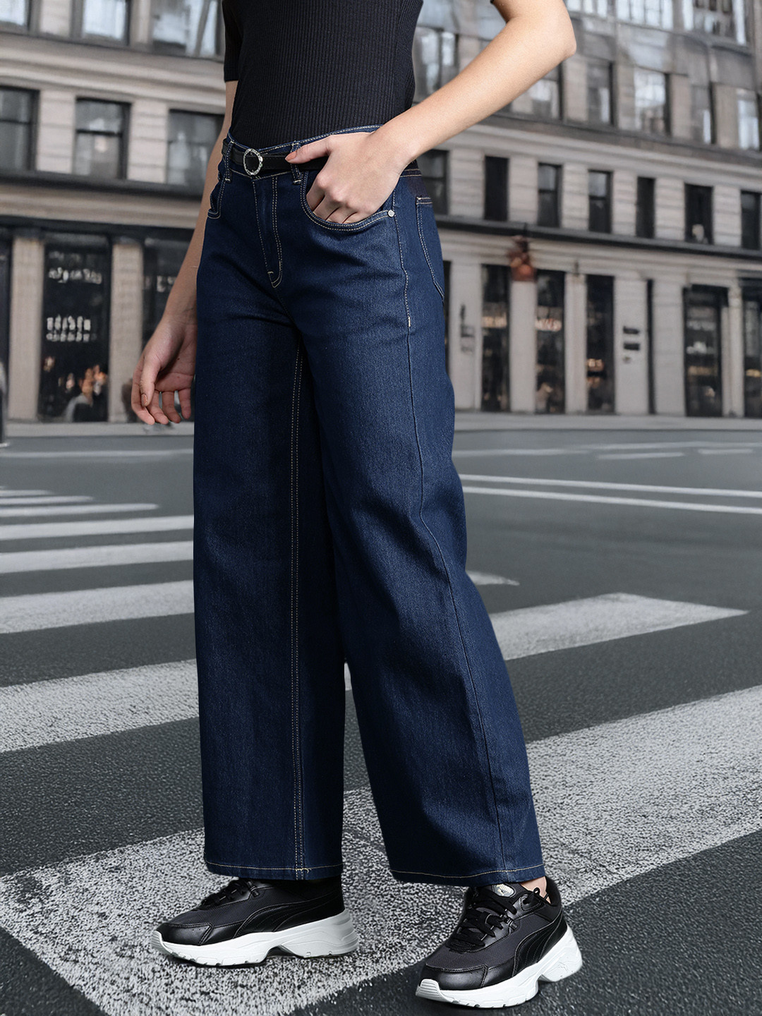 DressBerry Women Stretchable Wide Leg Jeans with Belt