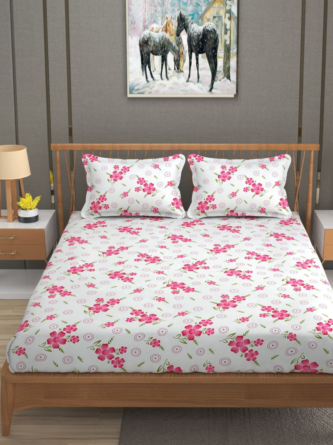 RIDHAAN White Floral Cotton 220 TC Queen Fine Bedsheet with 2 Pillow Covers-39 x 35 inches