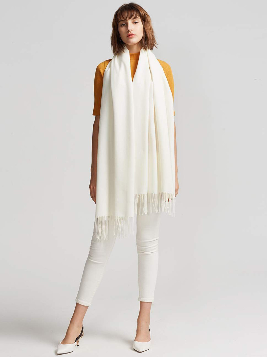 Alexvyan Women Off White Solid Woolen Soft Winter Mufflers