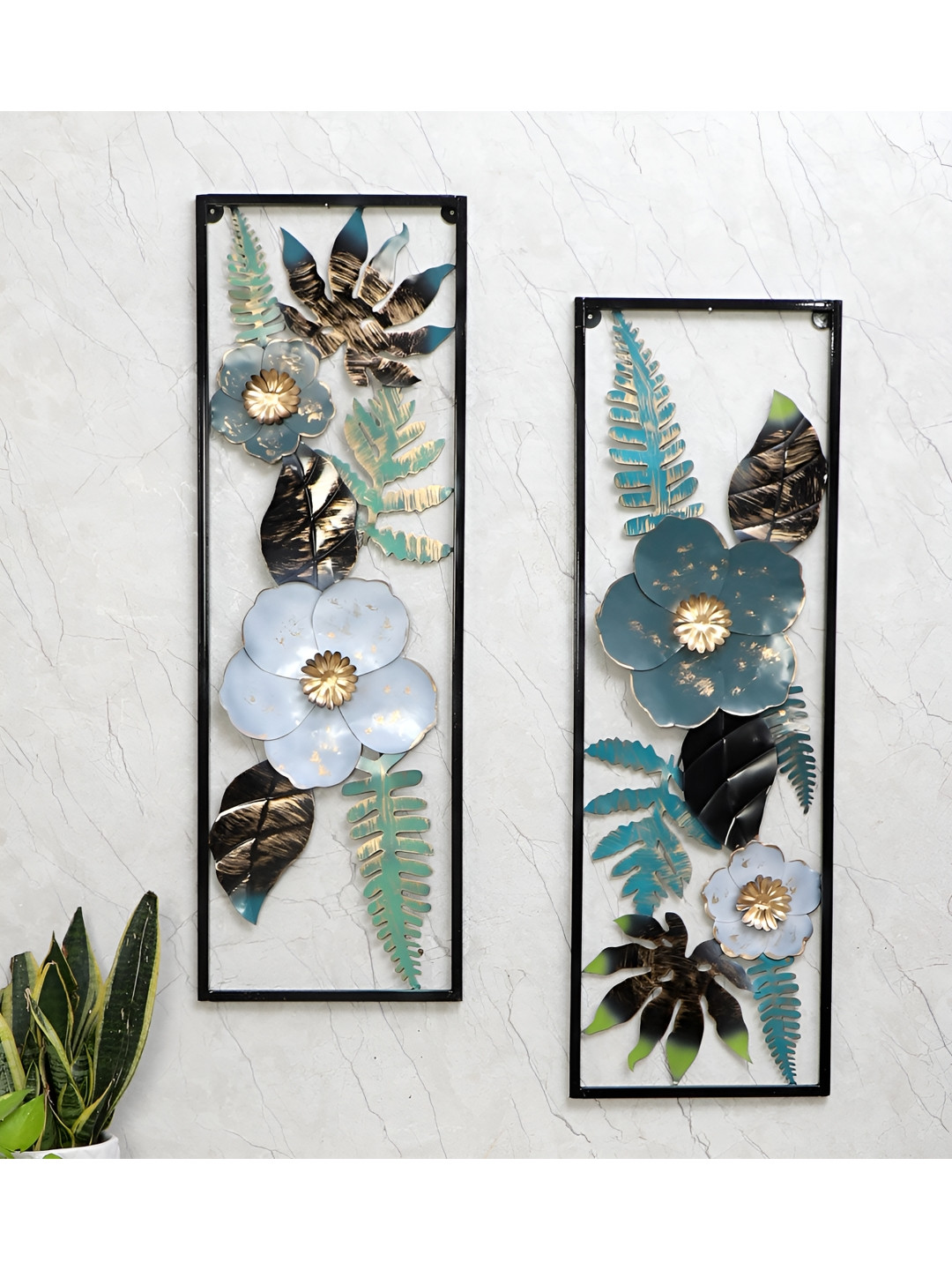 Amaya Decors Maple Leaves & Flower Metal Glossy Hanging Hall 2Pcs Floral Wall Decor-36In