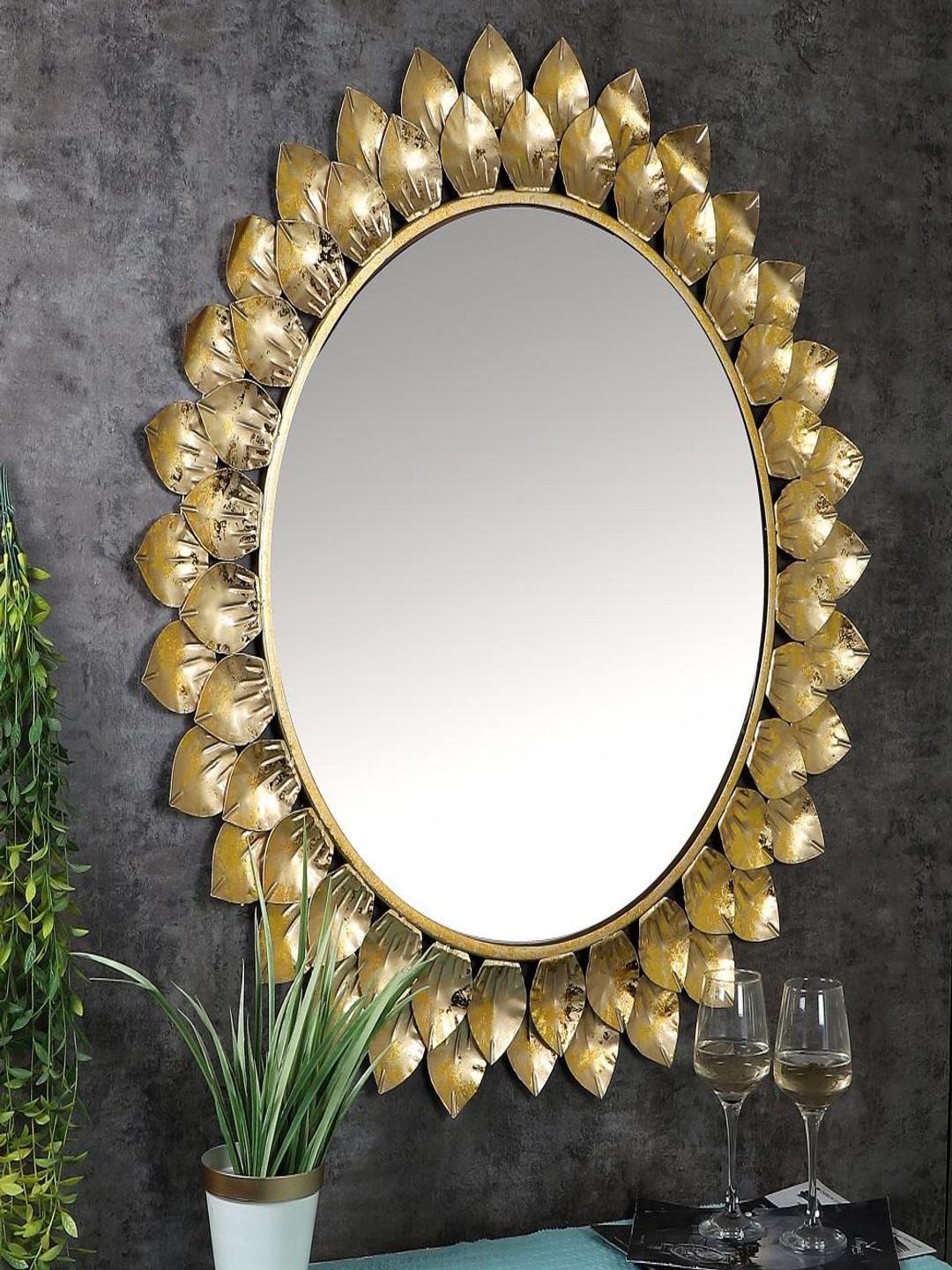 Amaya Decors Gold toned Foil Leaves Wall Mirror