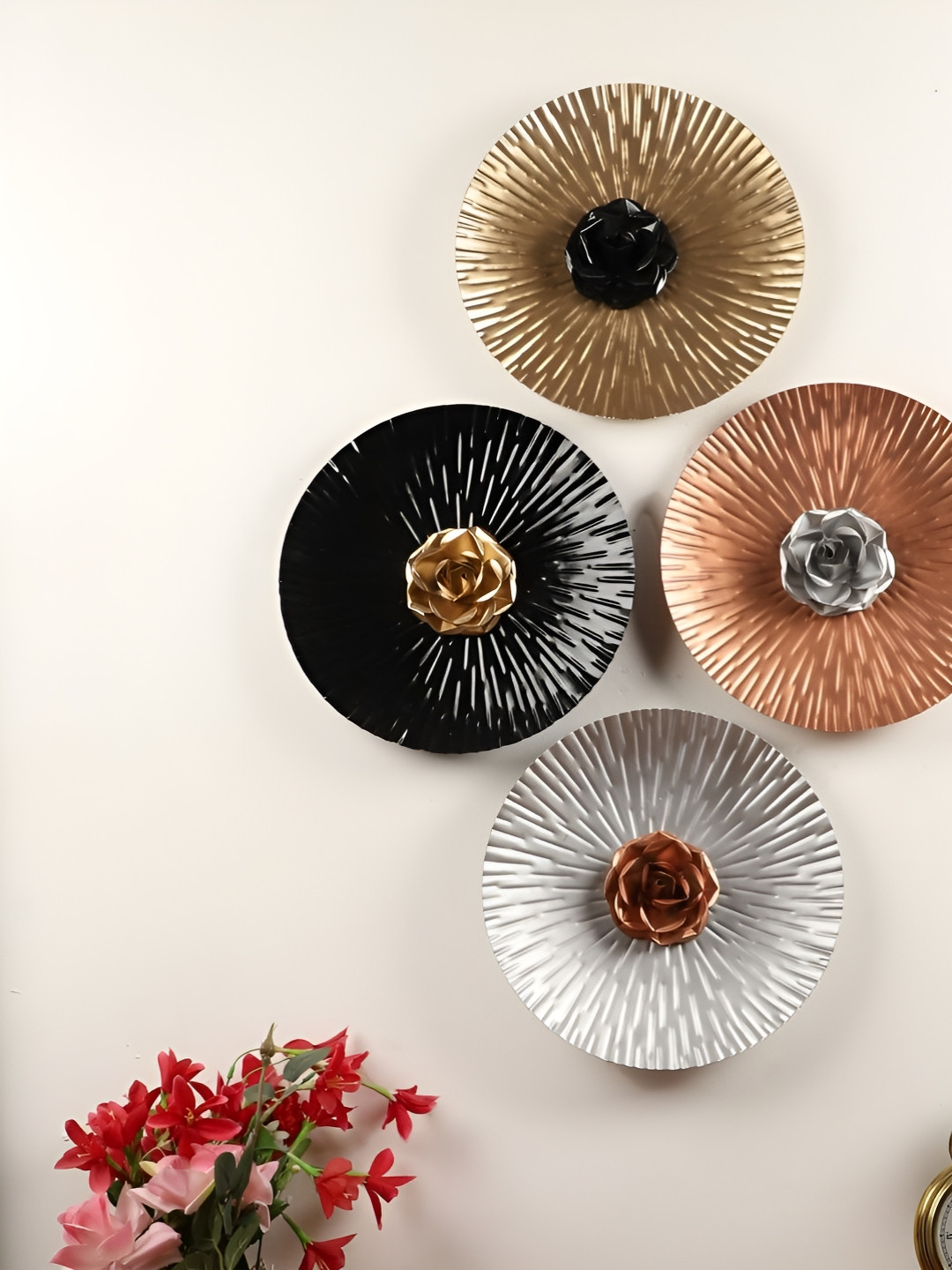 Amaya Decors Rose Metal Floral Glossy Hall 4Pcs Abstract Wall Decor-12In