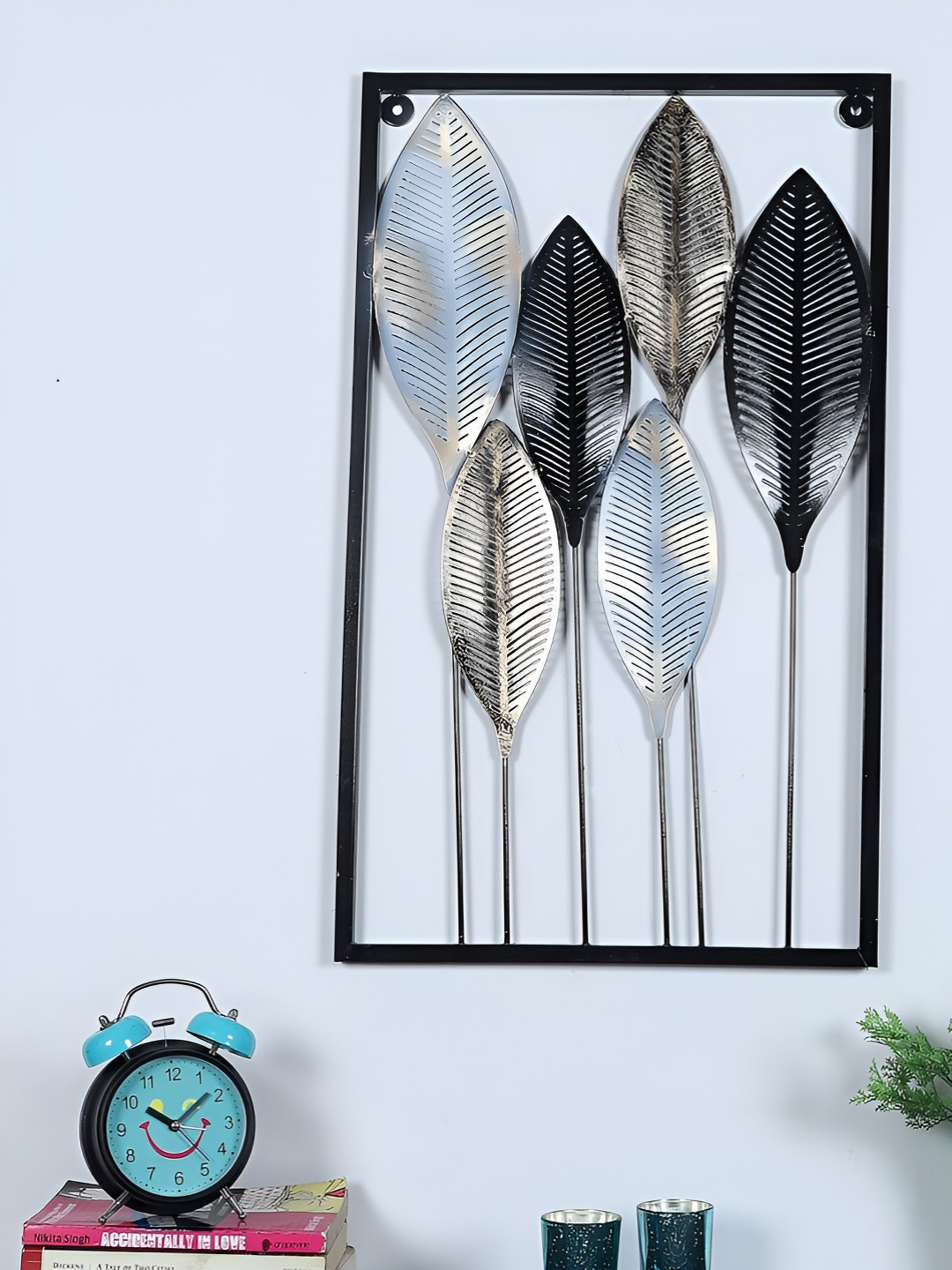 Amaya Decors Black & Gold Leaves Rectangular Metal Floral Glossy Abstract Wall Decor-24In