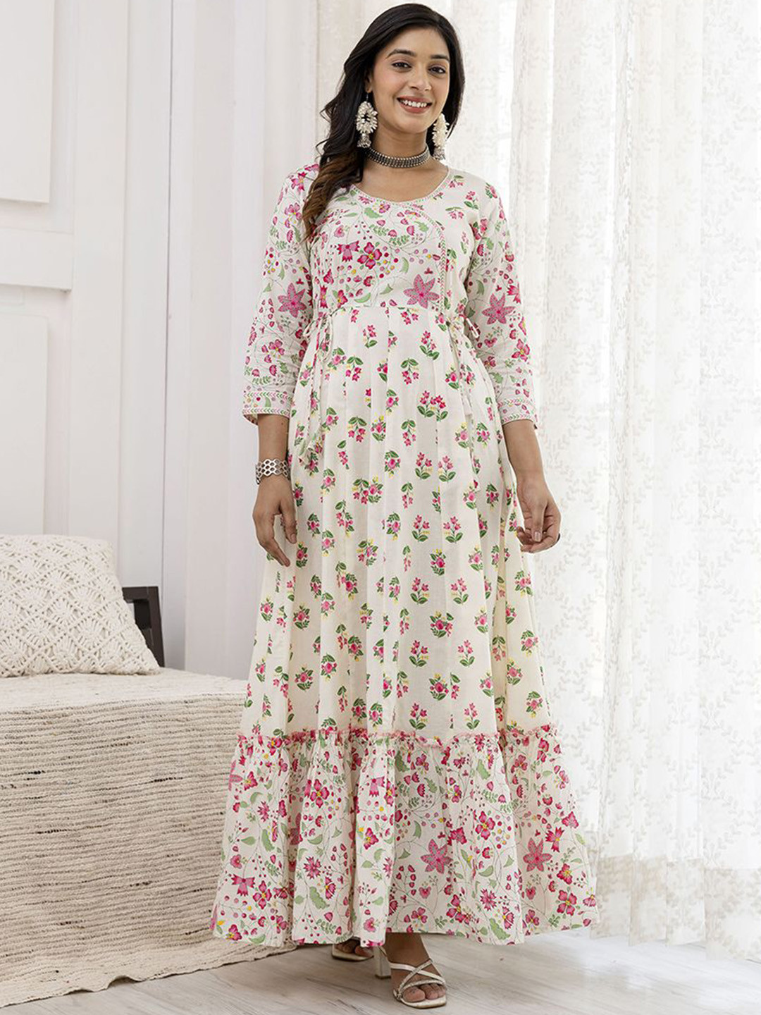 GLAM ROOTS Floral Printed Round Neck Angrakha Pure Cotton Anarkali Kurta