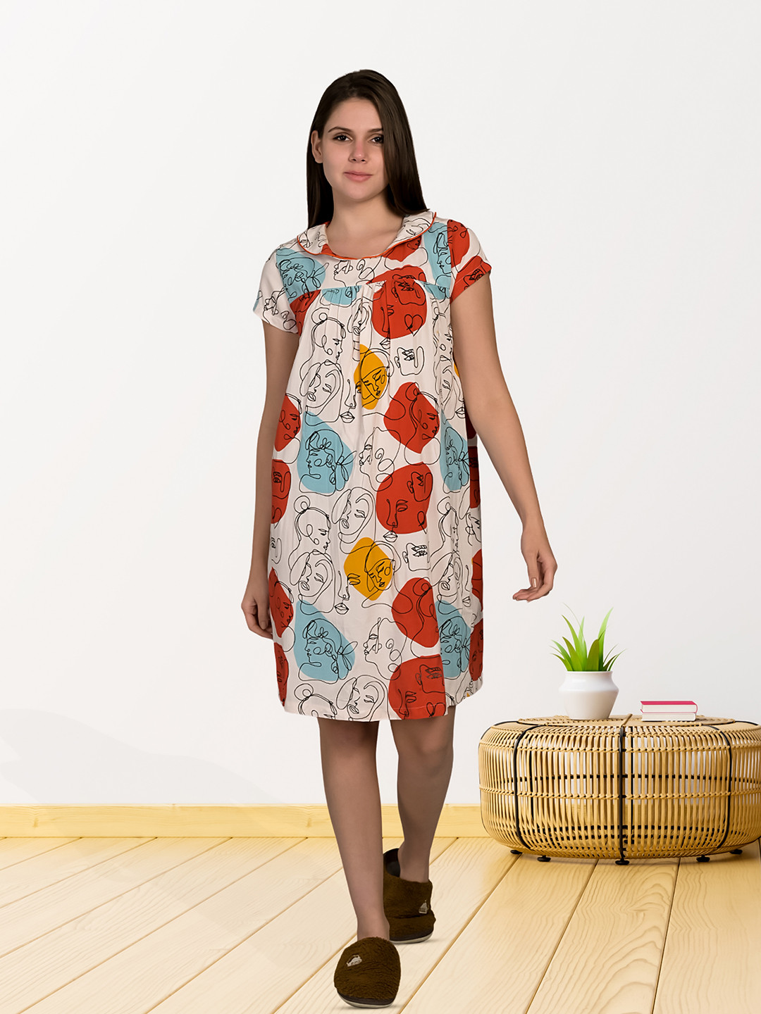 MAYSIXTY Abstract Printed Round Neck Short Sleeves Nightdress