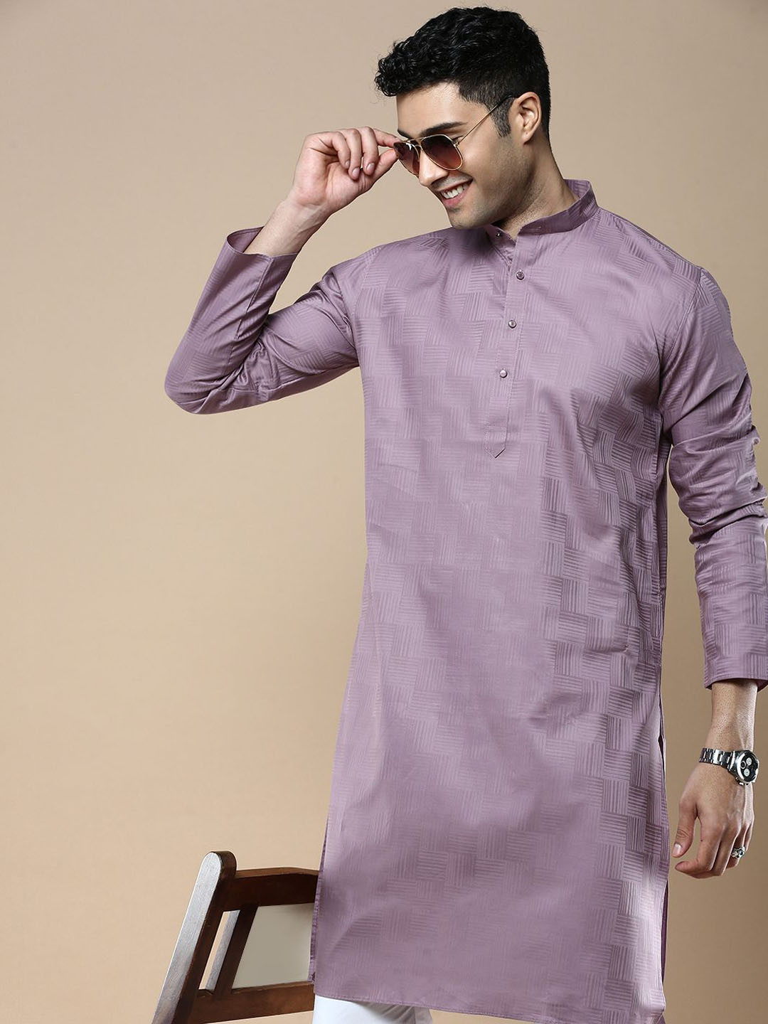Anouk Mauve Striped Band Collar Cotton Silk Straight Kurta