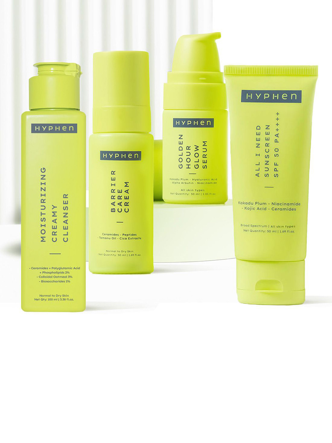 Hyphen Creamy Cleanser, Barrier Cream, Golden Hour Serum & All I Need Sunscreen Combo