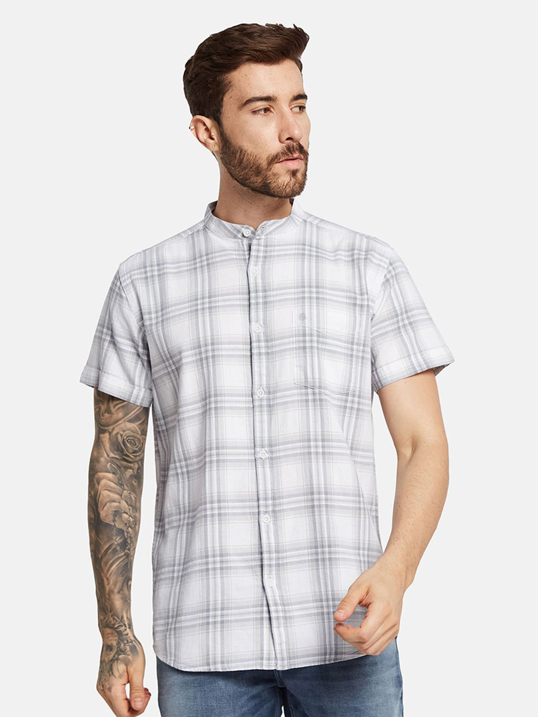 METTLE Men Band Collar Tartan Checks Casual Shirt