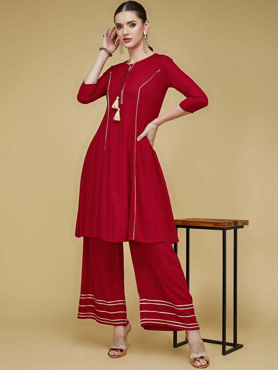 Life With Pockets Tie-Up Neck Gotta Patti A-Line Kurta with Palazzos