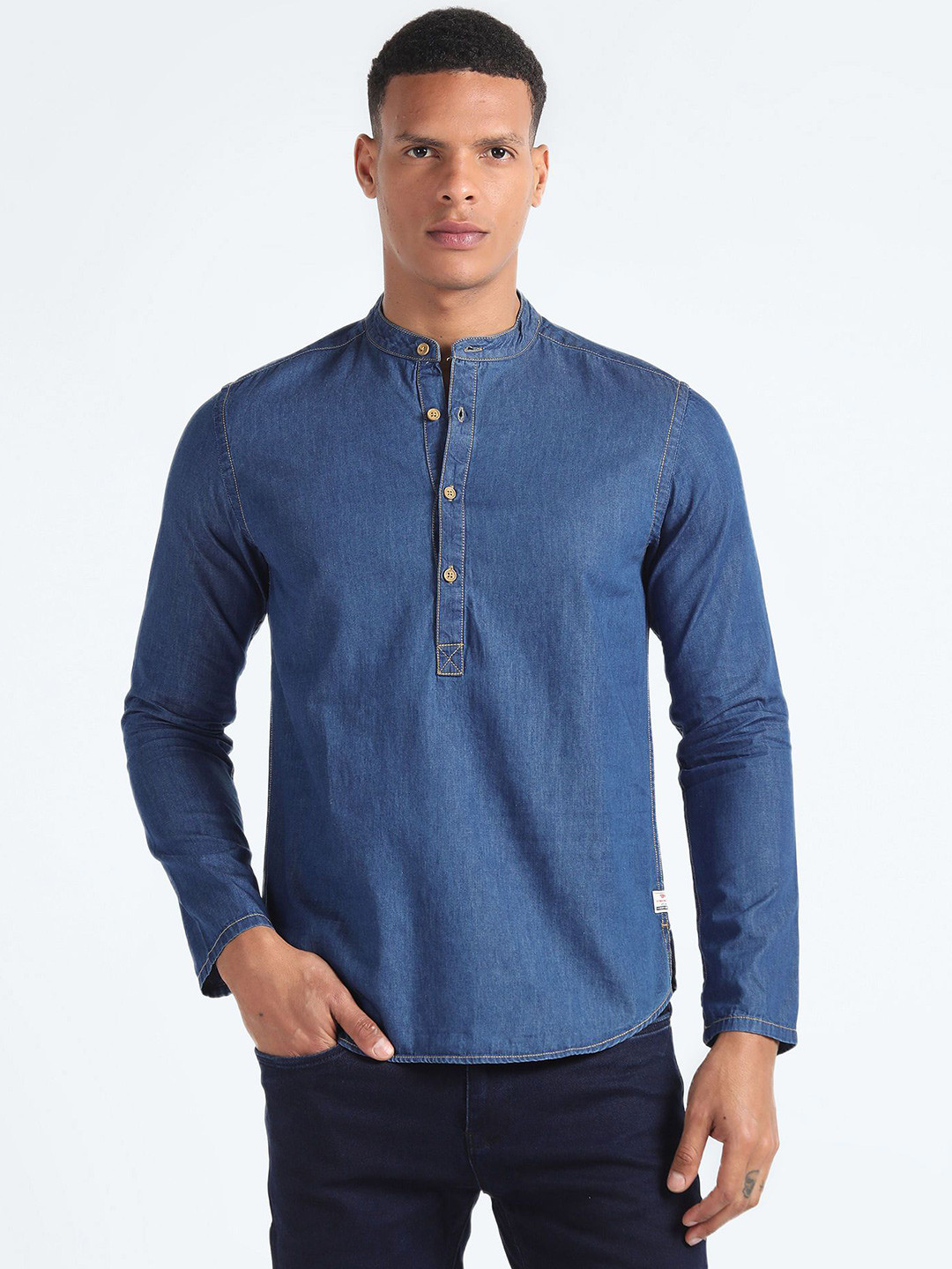 Flying Machine Men Solid Mandarin Collar Casual Shirt