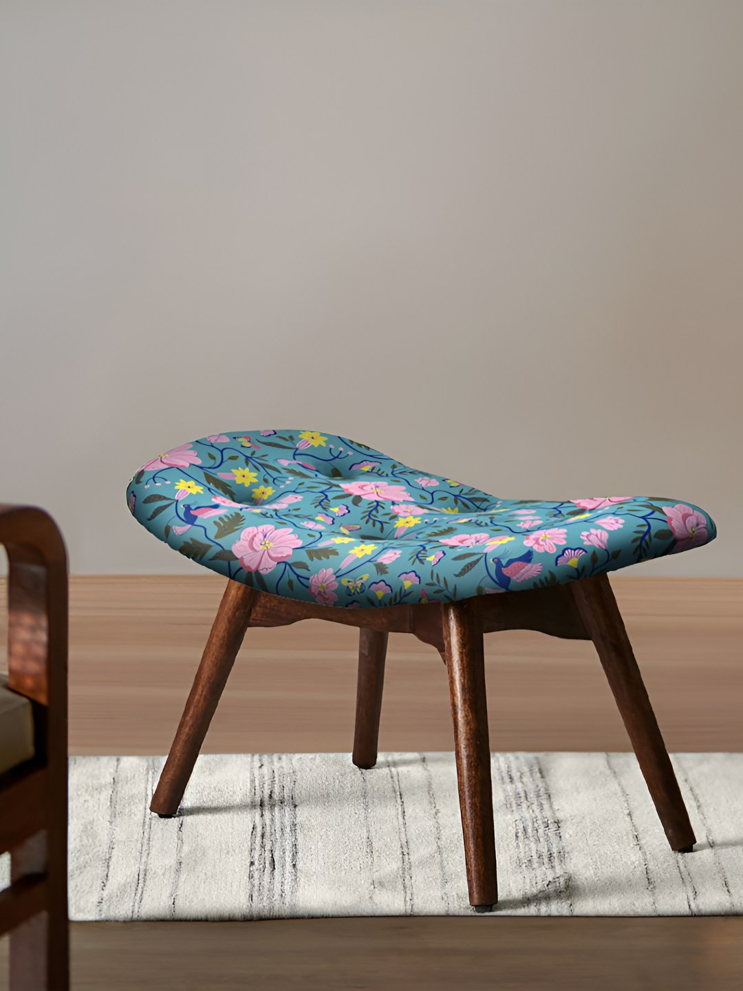 Chumbak Teal Blue Printed Wooden Foot Rest