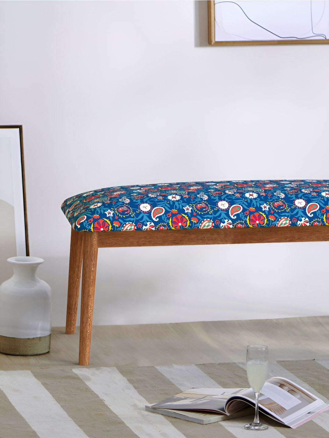 Chumbak Blue Printed Wooden Jodhpur Bench