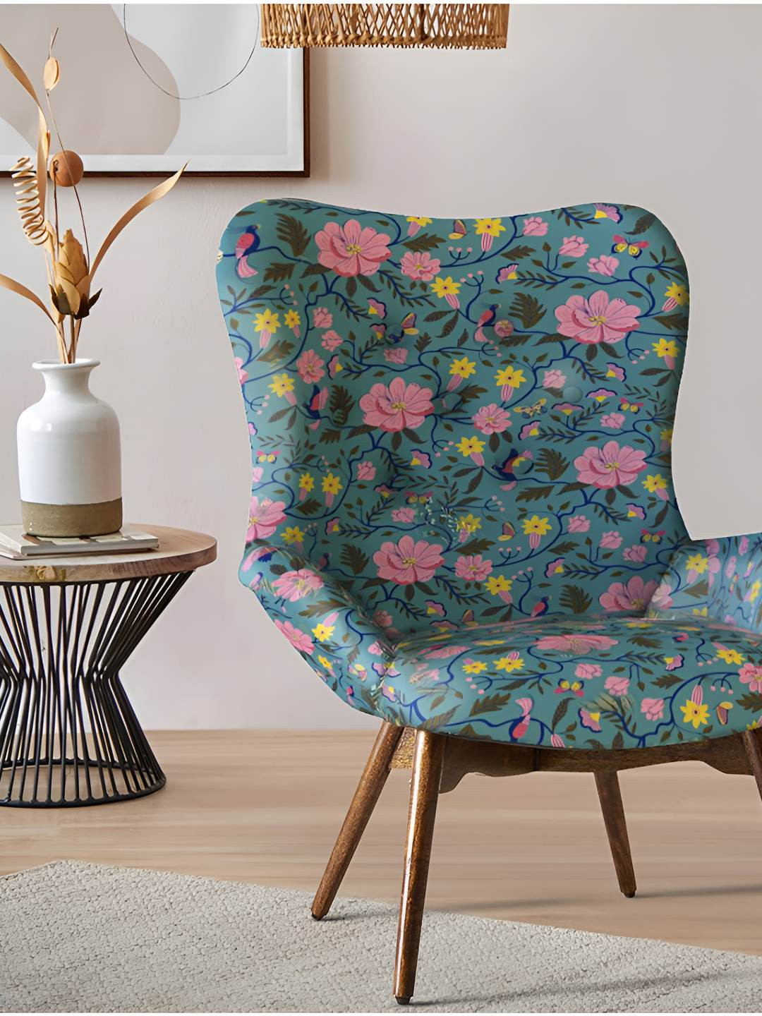 Chumbak Teal Green & Pink Printed Wing Chair