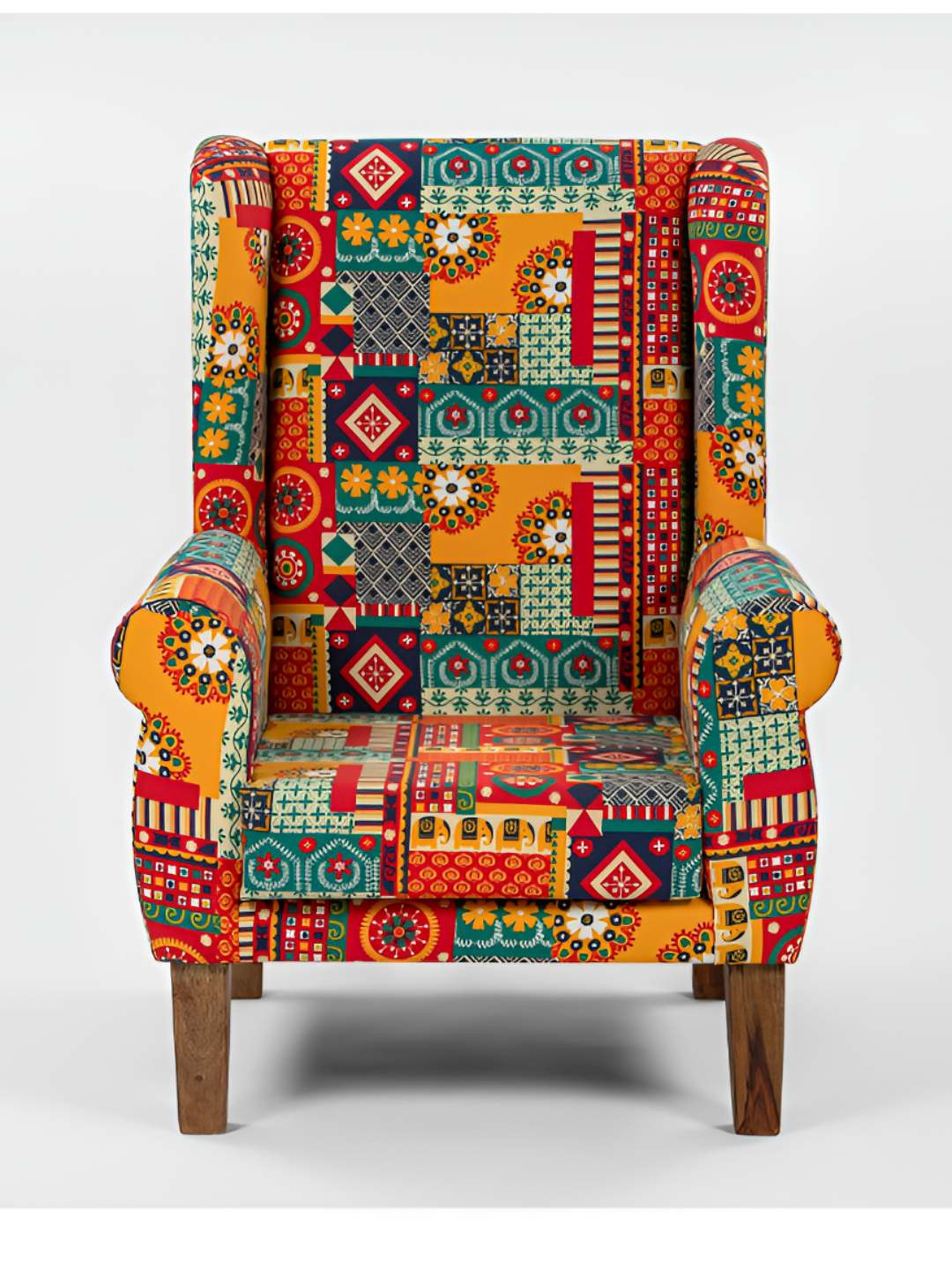 Chumbak Orange-Colored & Green Printed Begum Wing Chair
