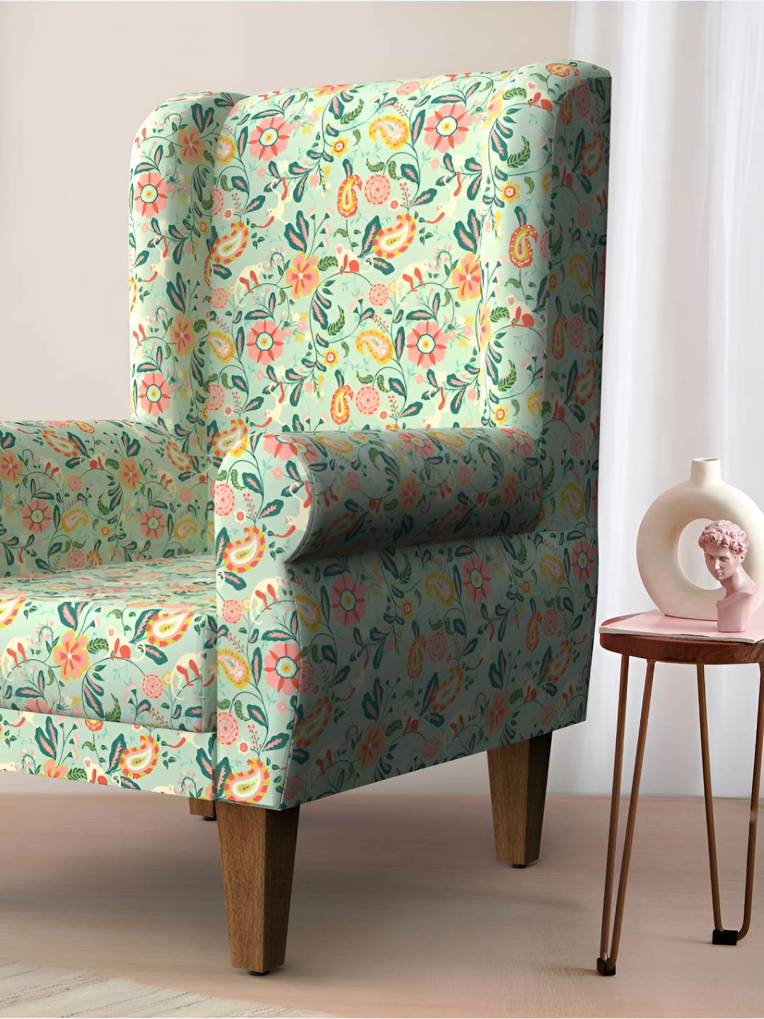 Chumbak Teal Green Printed Begum Wing Chair